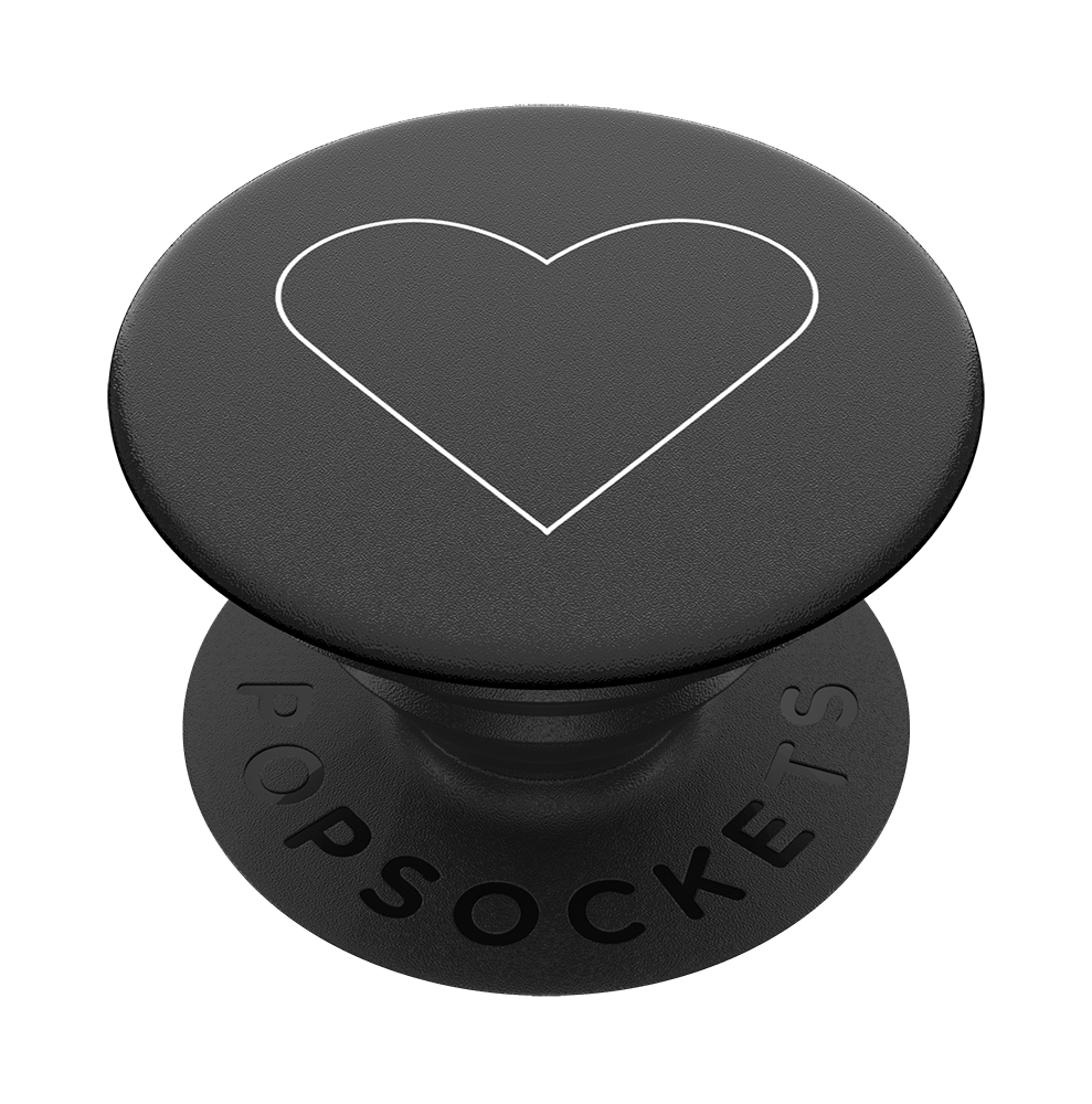Schwarze PopSockets mit weißer Herzumrandung auf weißem Hintergrund.