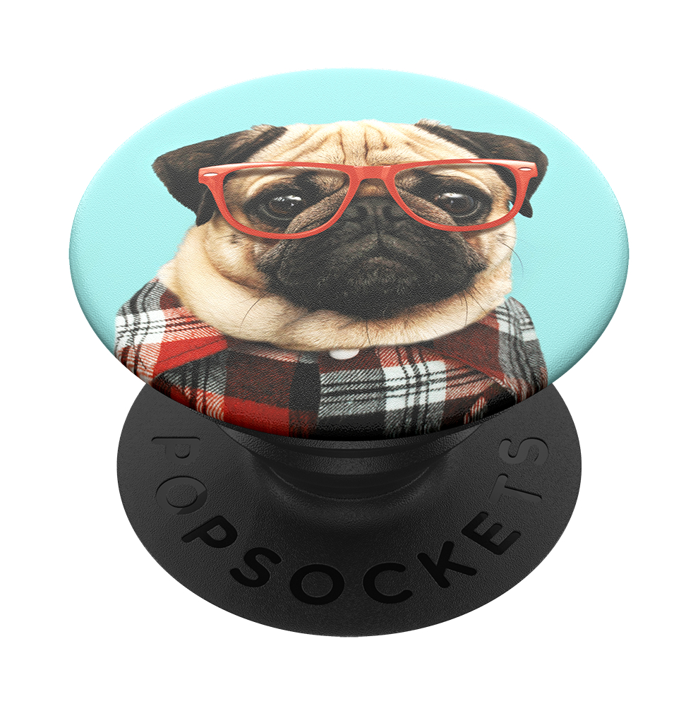 Popsocket mit einer Bulldogge, die eine Brille und ein kariertes Hemd trägt, auf blauem Grund.