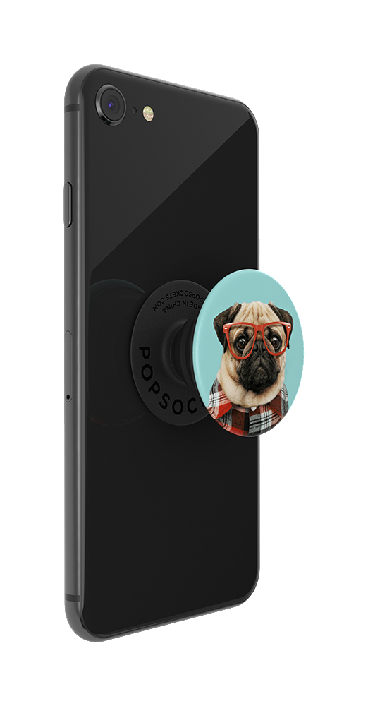 Schwarzes Telefon mit einem Pop-Socket im Mops-Design. Mops trägt rote Brille und kariertes Hemd.
