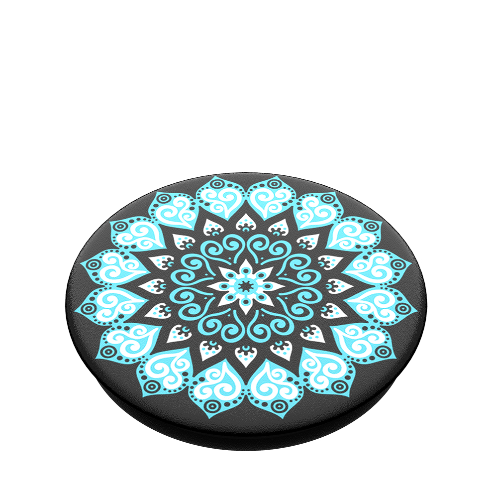 Ein schwarzer PopSocket mit einem Mandala-Design in Blau und Weiß auf weißem Hintergrund.