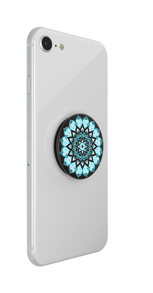 Weißes Smartphone mit PopSocket, blau-weißes Blumenmuster auf schwarzer Basis.