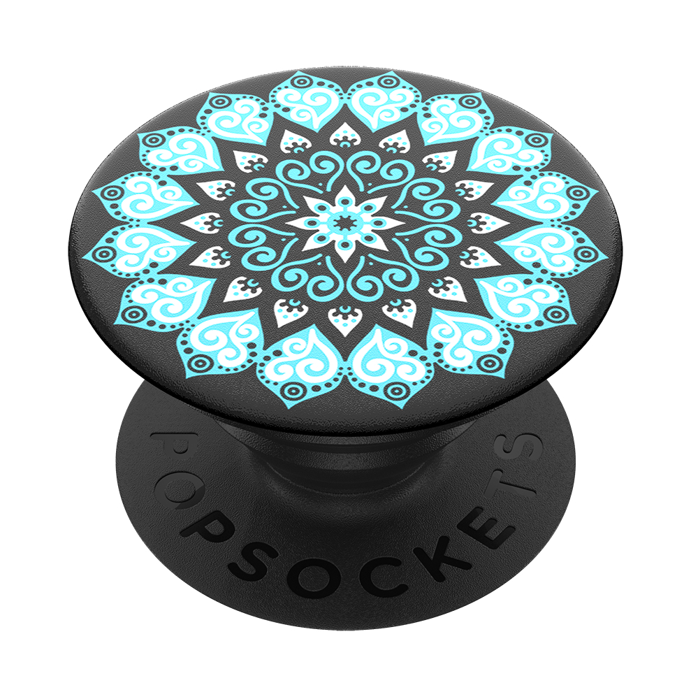 Ein schwarzer PopSocket mit blauem und weißem Blumendesign, vor weißem Hintergrund.