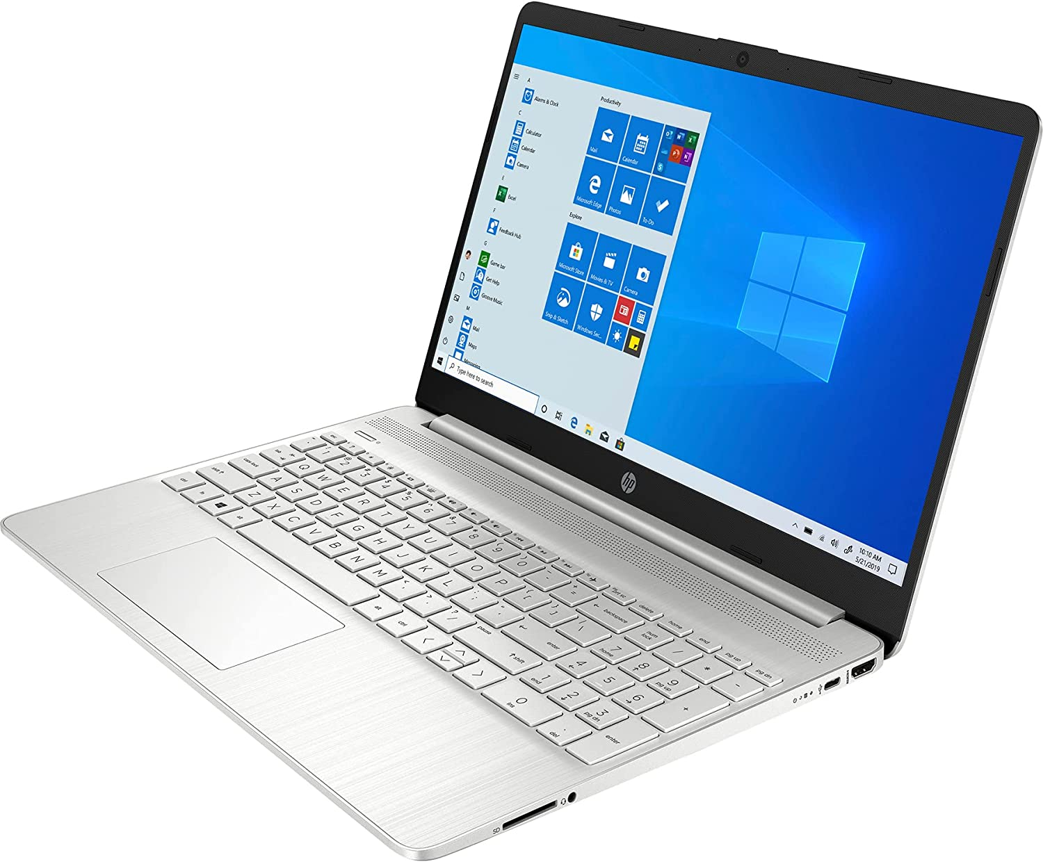 Portátil plateado con teclado blanco y pantalla blanca con interfaz de Windows.