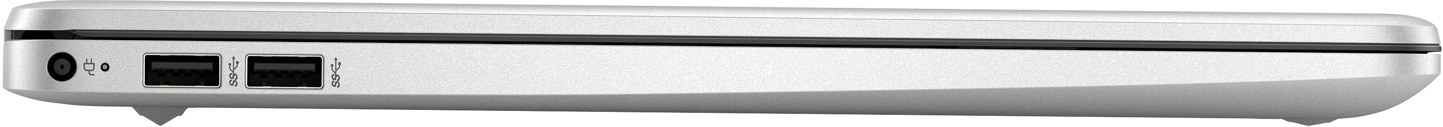 La vista lateral de una computadora portátil plateada, que muestra puertos para audio, USB y alimentación.