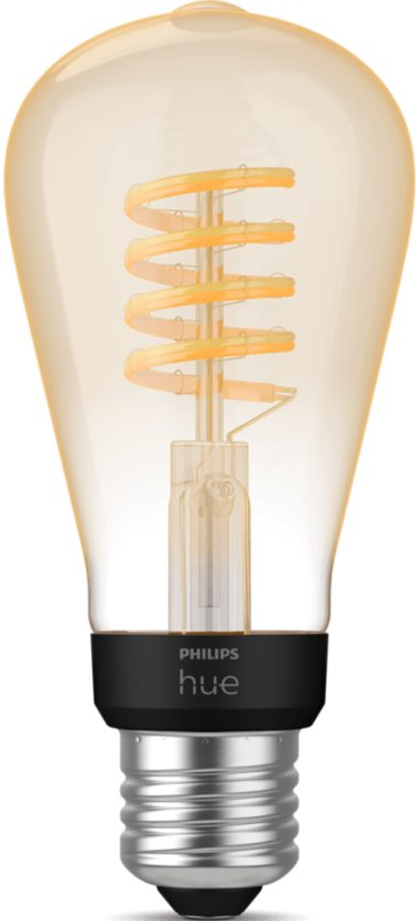 Ampoule à filament jaune avec une base noire. Le verre est en forme de goutte.