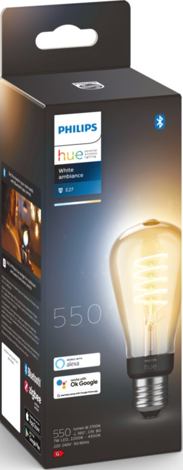 Une boîte d'ampoule intelligente Philips Hue avec l'ampoule visible. Comprend des logos, du texte et une image d'ampoule.