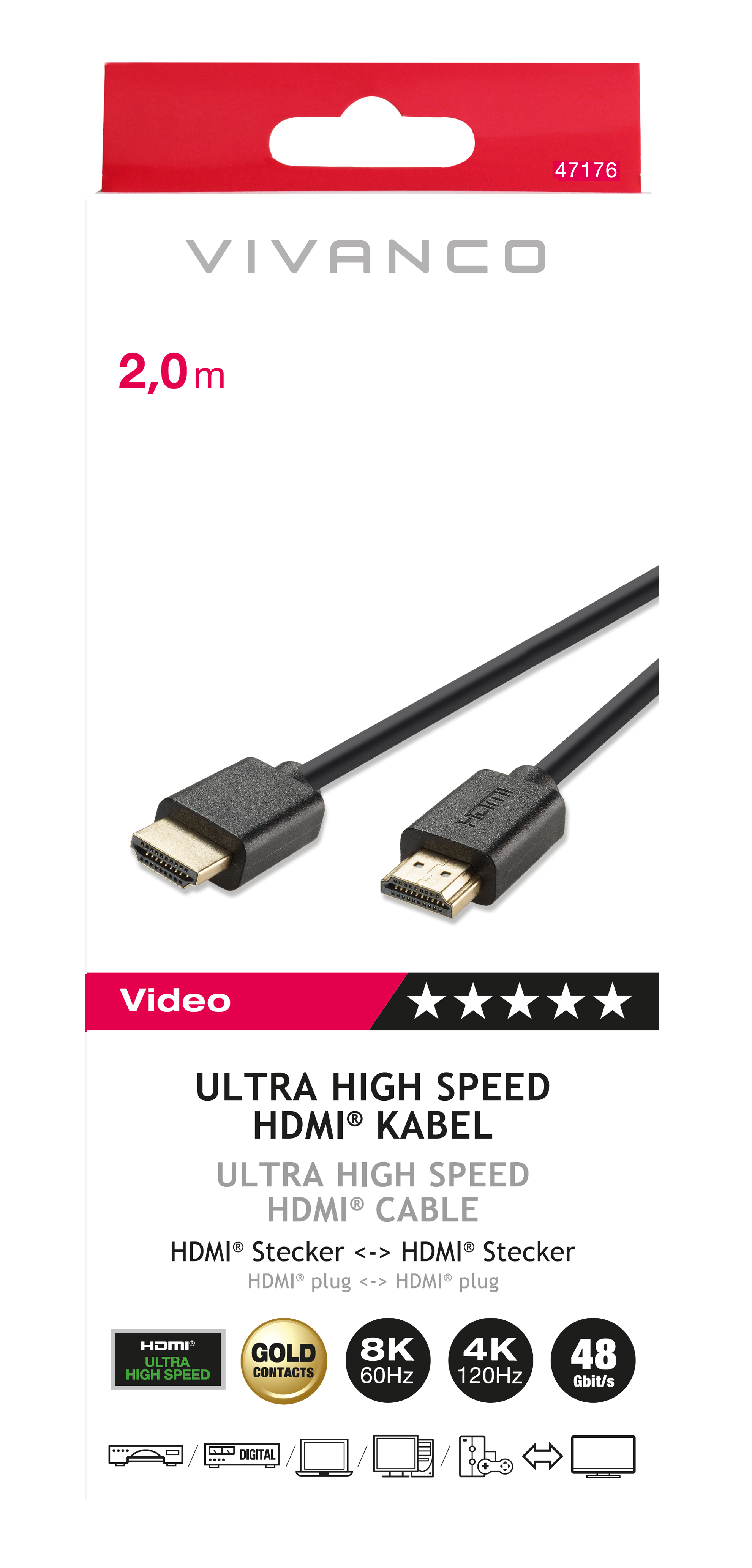 Verpackung für ein HDMI-Kabel, schwarzes Kabel ist sichtbar, mit Spezifikationen und Branding.