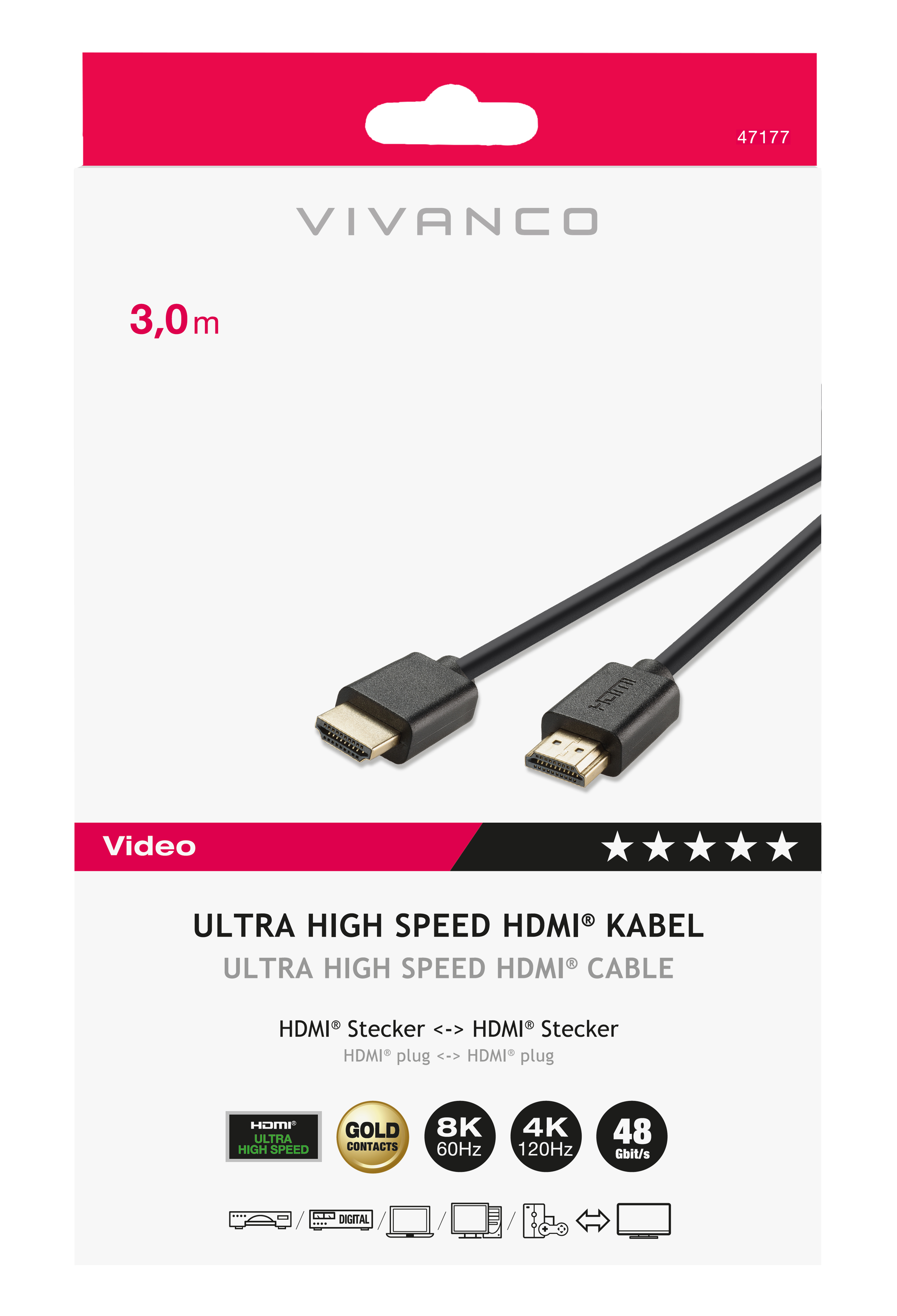 Verpackung eines schwarzen HDMI-Kabels mit Produktinformationen und Symbolen.
