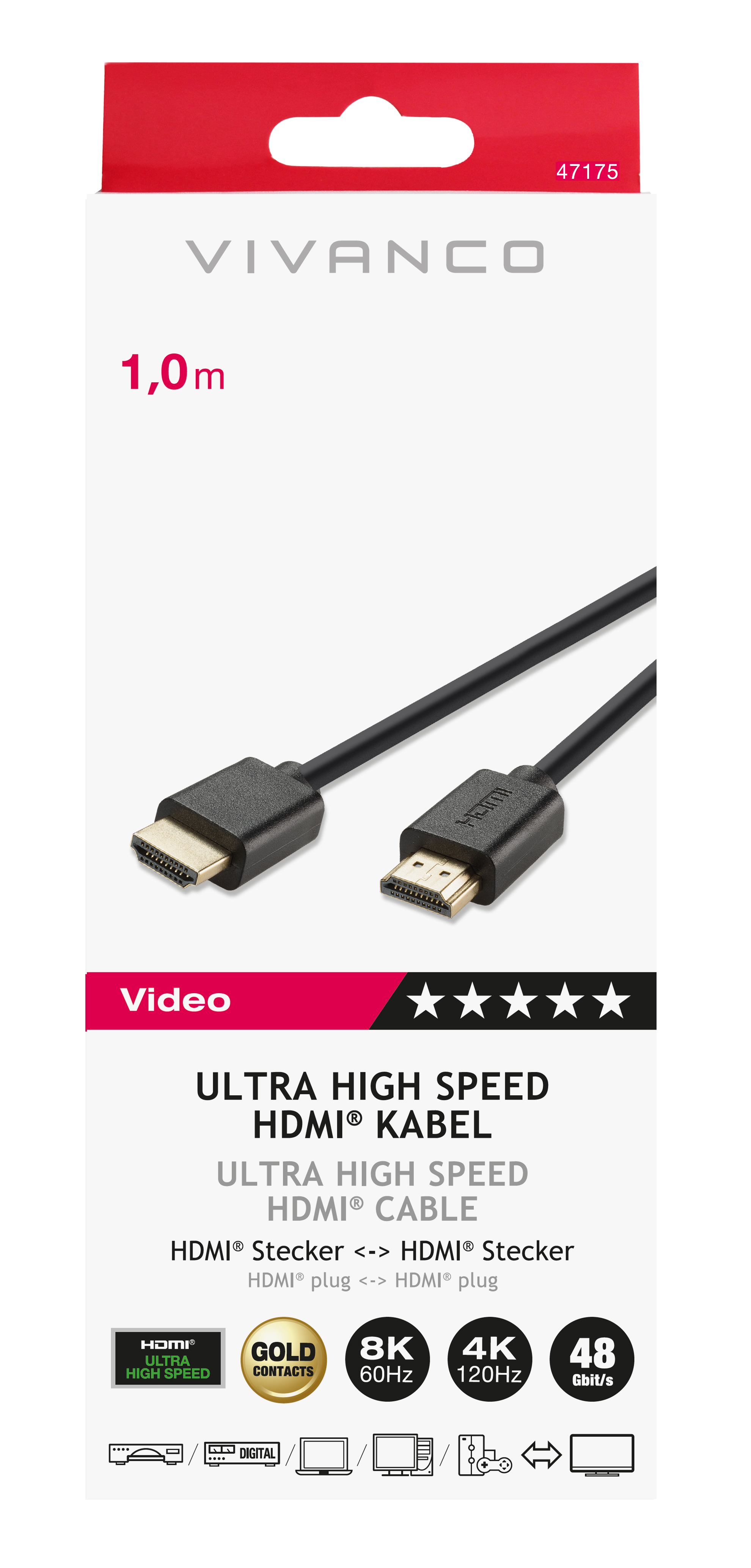 Weiße und rote Vivanco HDMI-Kabelverpackung, die das Kabel und die Funktionen zeigt.