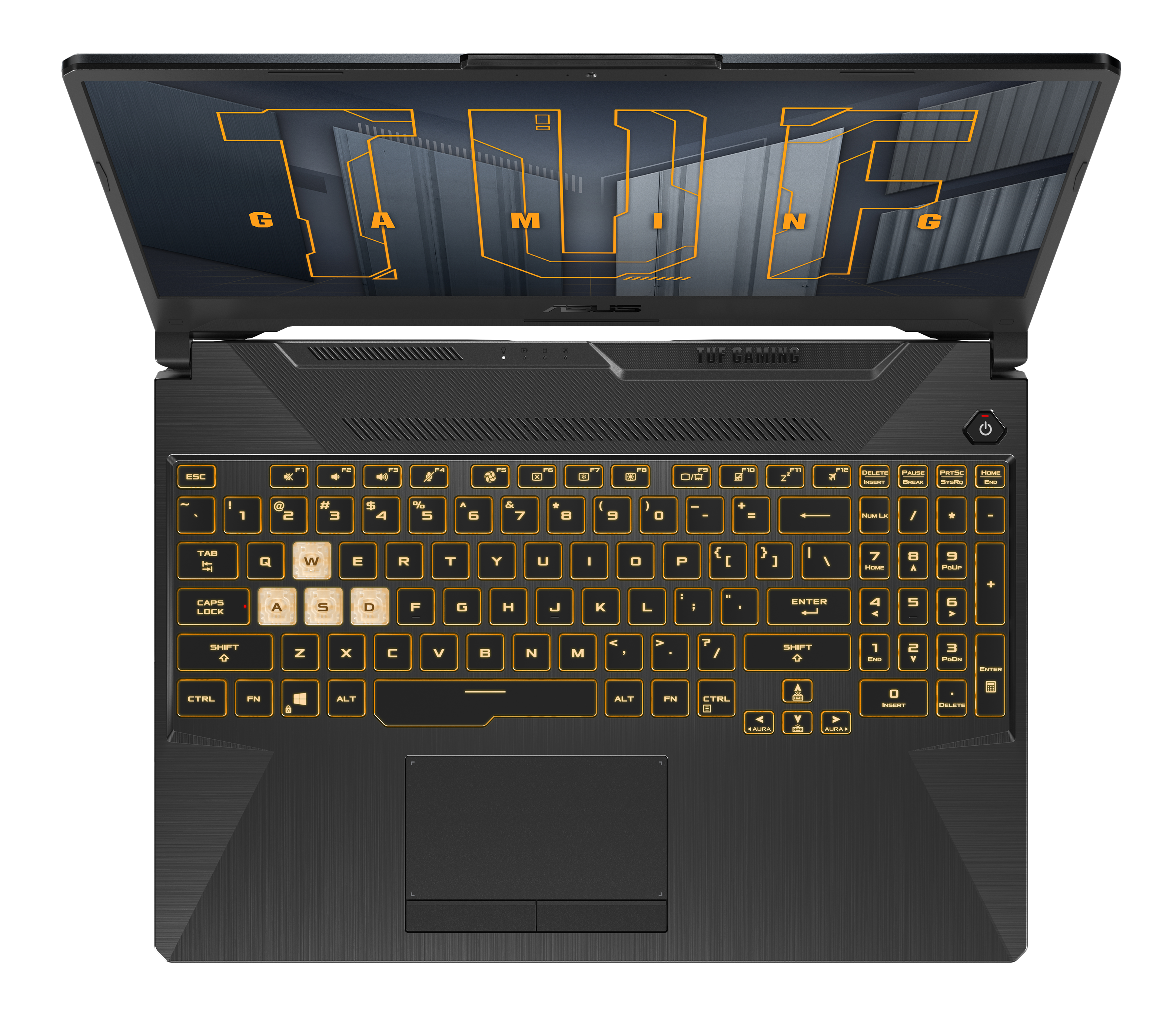 Een zwarte laptop met een verlicht toetsenbord. De toetsen hebben gele letters en het scherm staat uit.