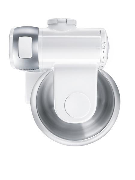 Weißes und silbernes Bosch-Küchengerät, ein Küchenmixer mit Schüssel, vor weißem Hintergrund.