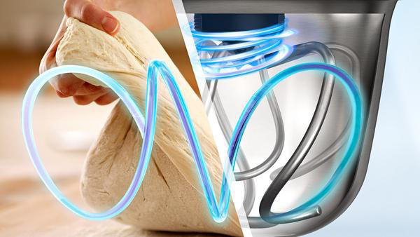 Teig wird mit der Hand gefaltet. Blaue animierte Linien visualisieren das Mischen in einem Küchengerät.