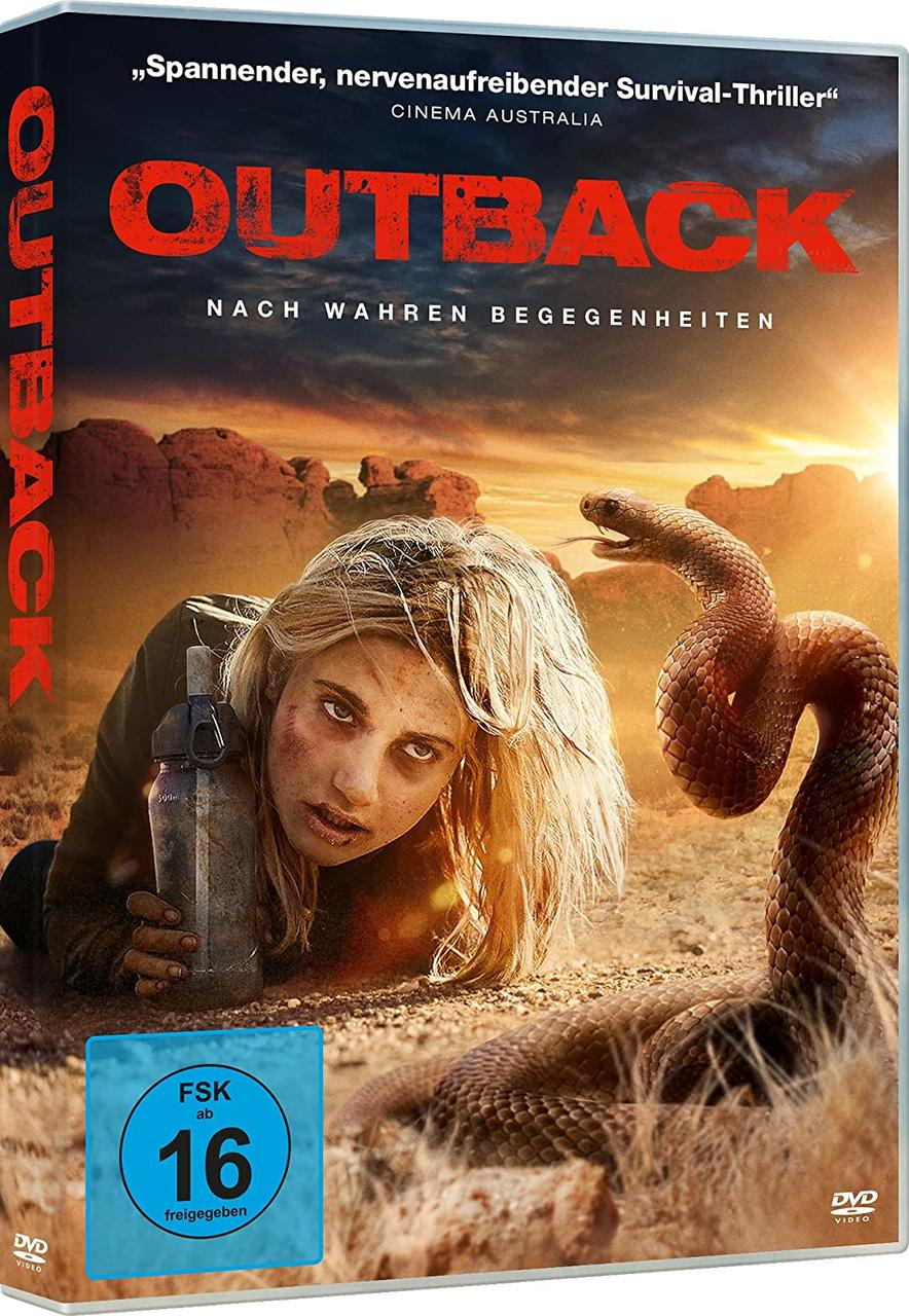 DVD-Hülle: Outback. Frau mit Flasche und Schlange. Wüstenhintergrund.