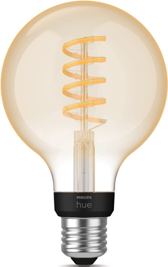 Une ampoule jaune, ronde, avec filament en spirale. Base noire avec 'hue'.