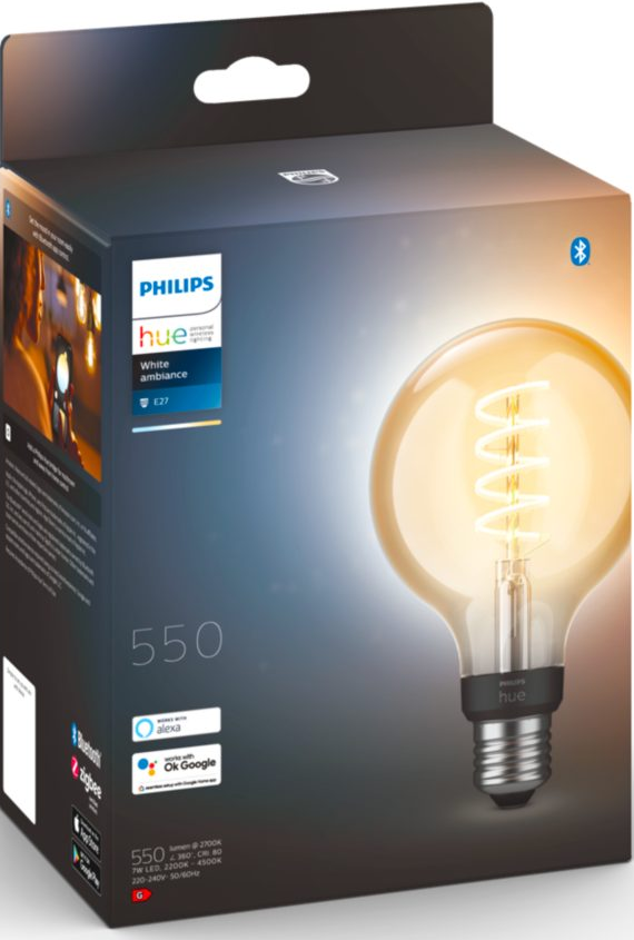 Ampoule intelligente Philips Hue dans une boîte, avec une ampoule brillante et des informations sur le produit.
