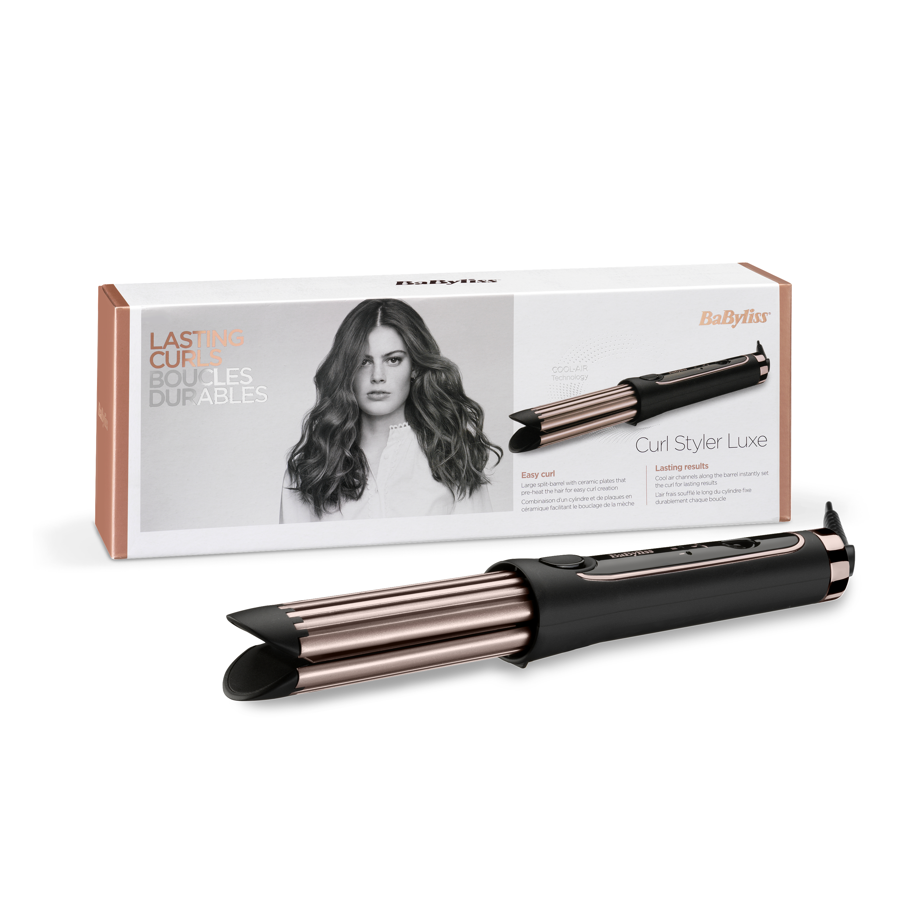BaByliss Curl Styler Luxe Box mit dem Styler und einem Foto einer Frau. Schwarz- und Roségoldtöne sind vorhanden.
