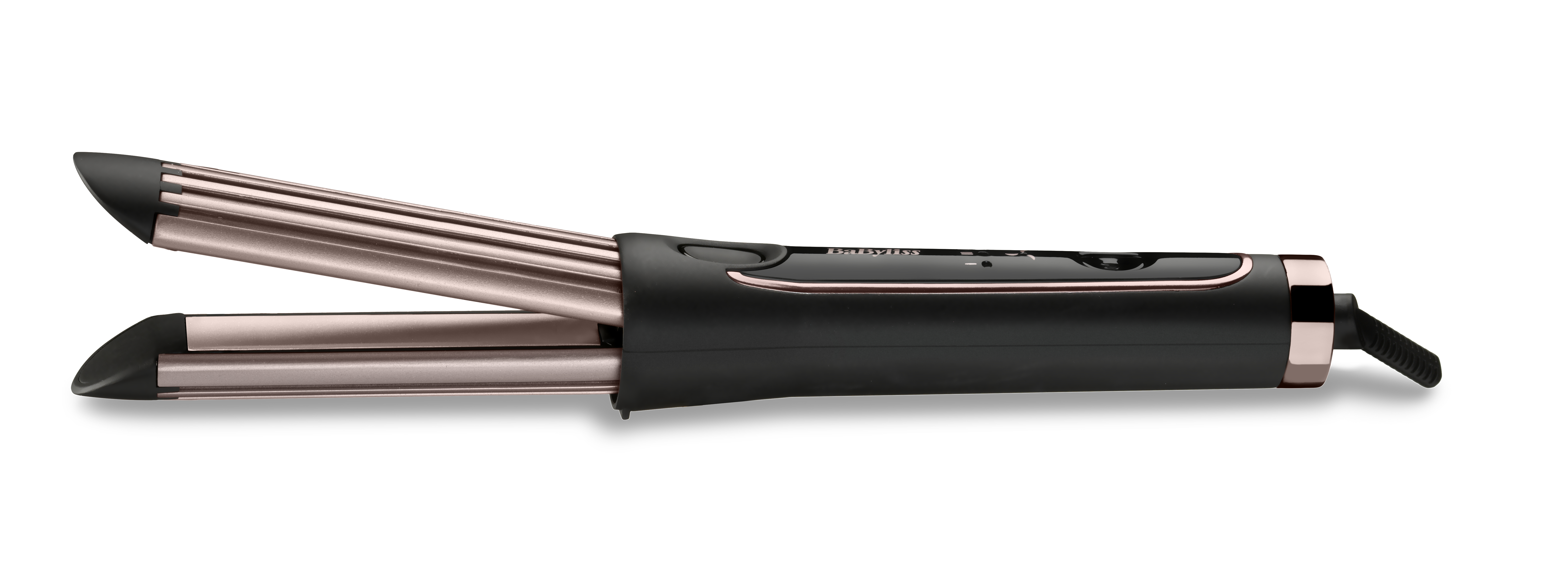 Ein Babyliss-Haarkreppeisen, offen, mit roségoldenen Platten und einem schwarzen Griff, auf weißer Oberfläche.
