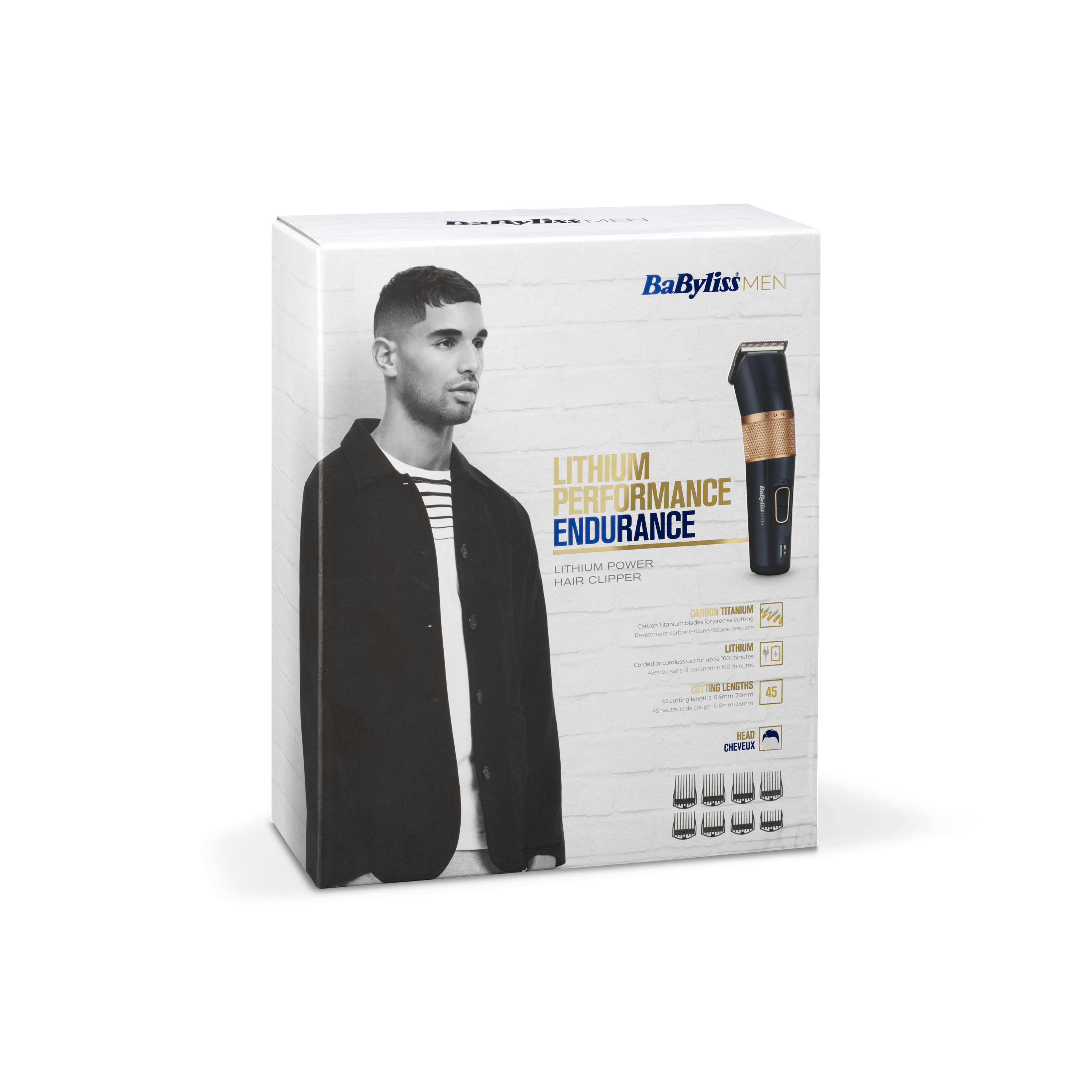 Eine Box für einen BaByliss MEN Haarschneider. Sie zeigt einen Mann und den Haarschneider mit Text.