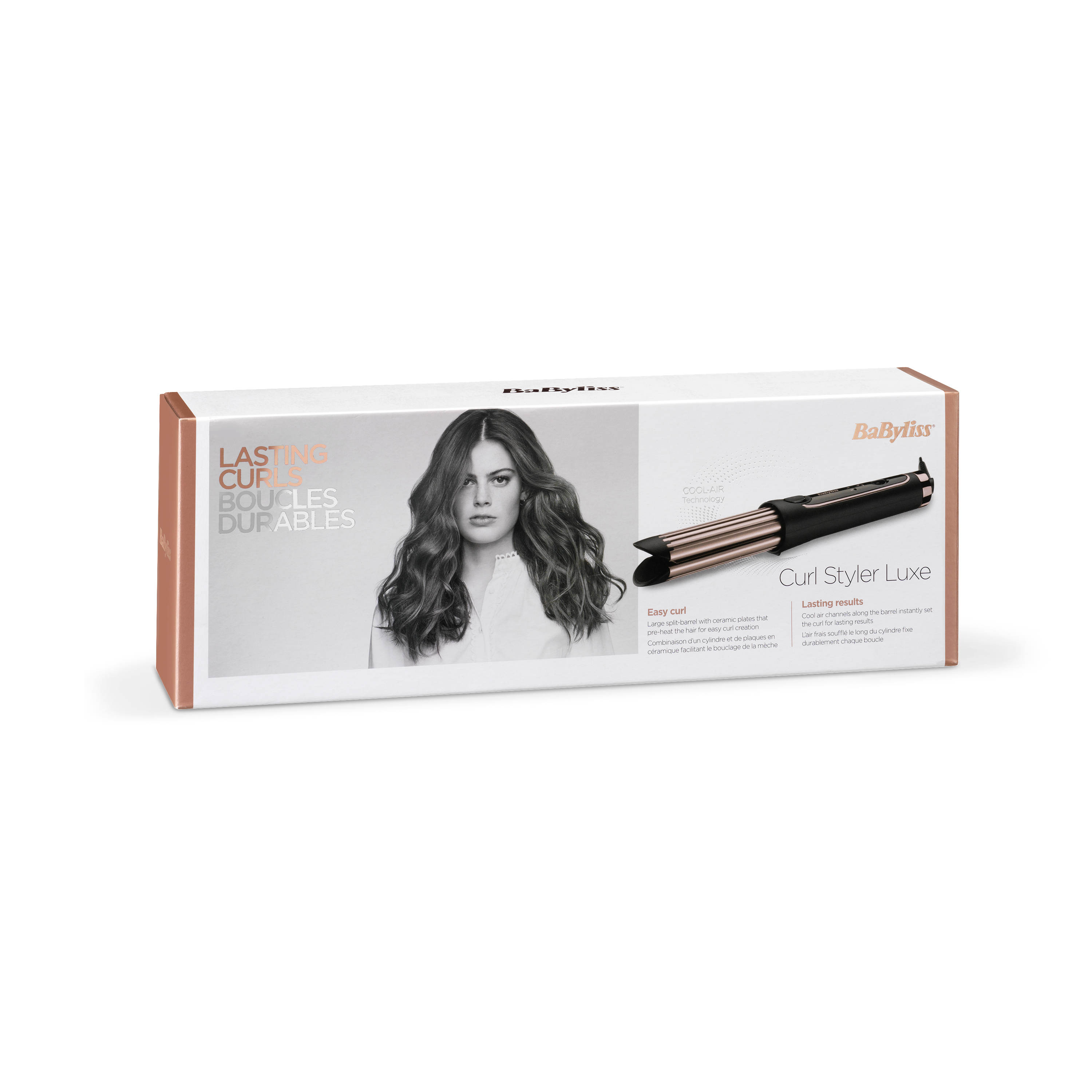 Eine Produktbox für einen Babyliss Curl Styler Luxe. Sie enthält ein Frauenbild und Produktdetails.