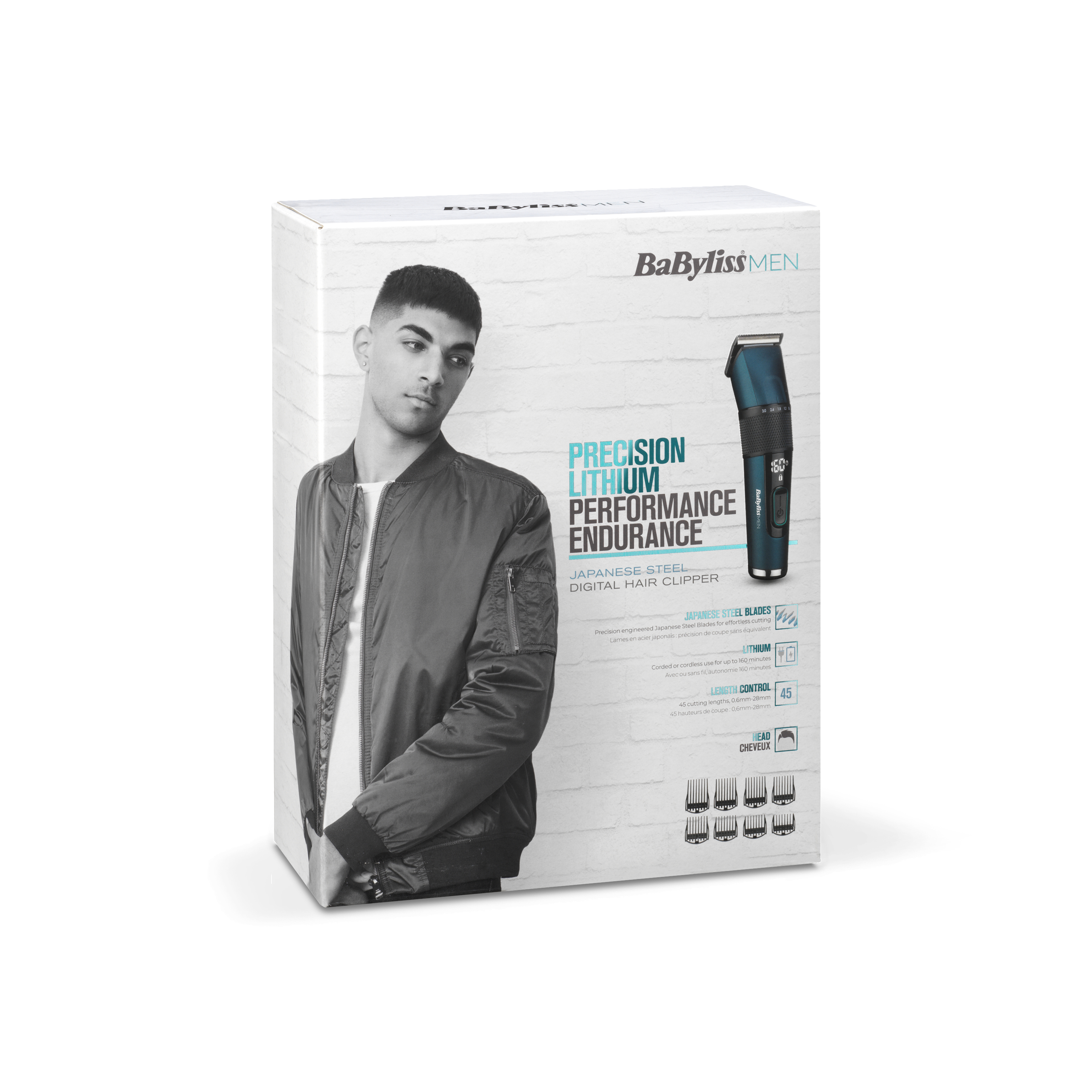 Eine Box zeigt einen Mann mit Haarschnitt. Auf der Box steht 'Precision Lithium' und 'Digital Hair Clipper'.