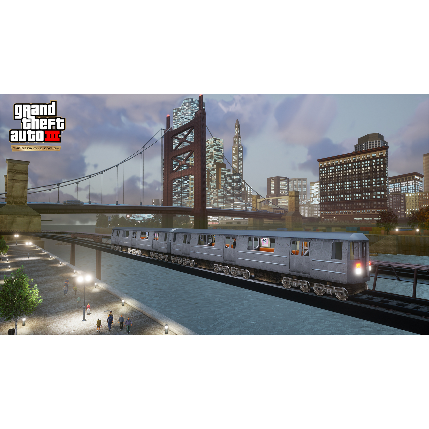 Un tren del metro en un puente en una ciudad. Hay edificios altos al fondo.