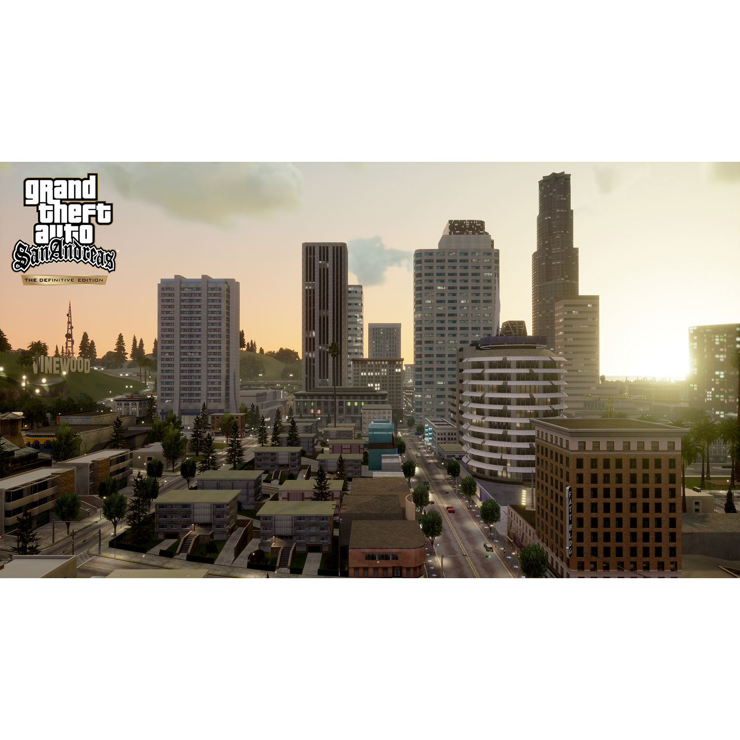 Paisaje urbano con edificios altos bajo un cielo nublado. Texto "Grand Theft Auto San Andreas" a la izquierda.