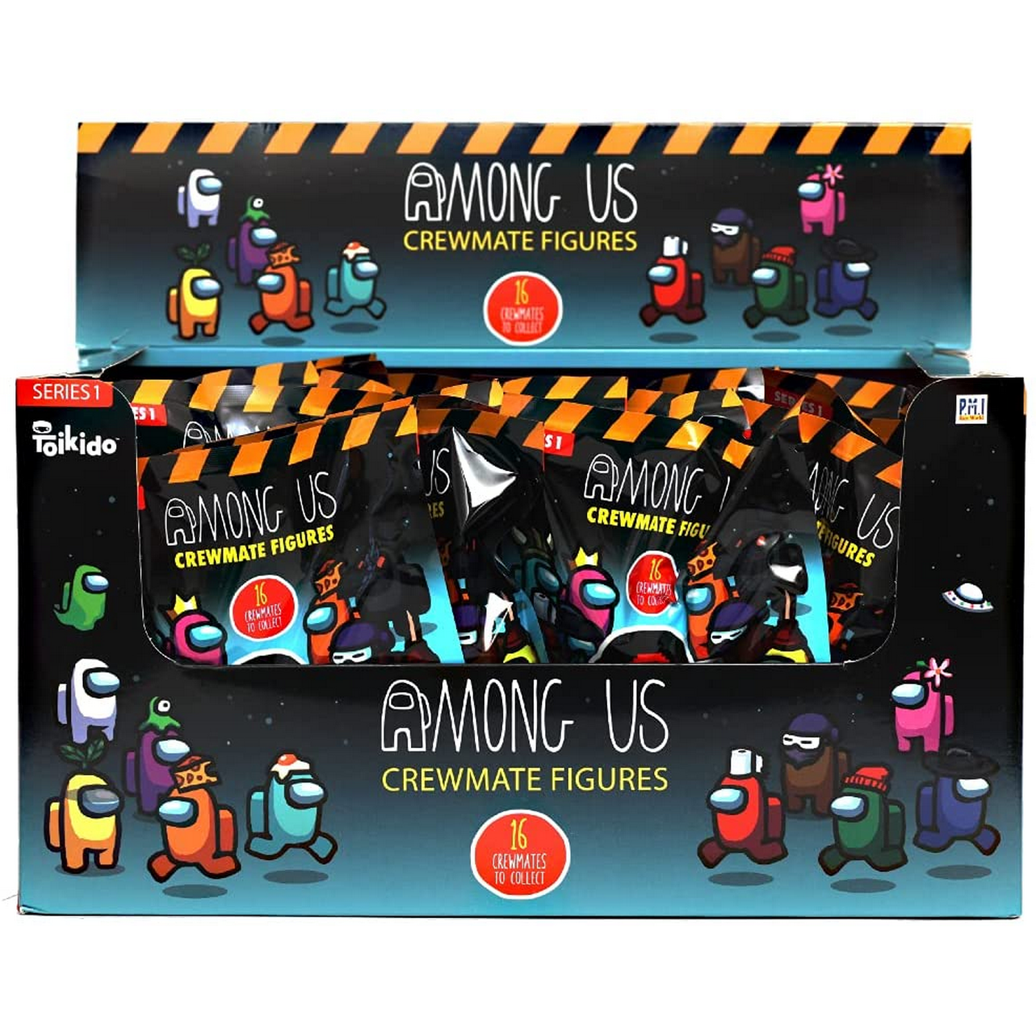 Cajas de figuras de tripulantes de Among Us. Las cajas son coloridas, con personajes de dibujos animados.