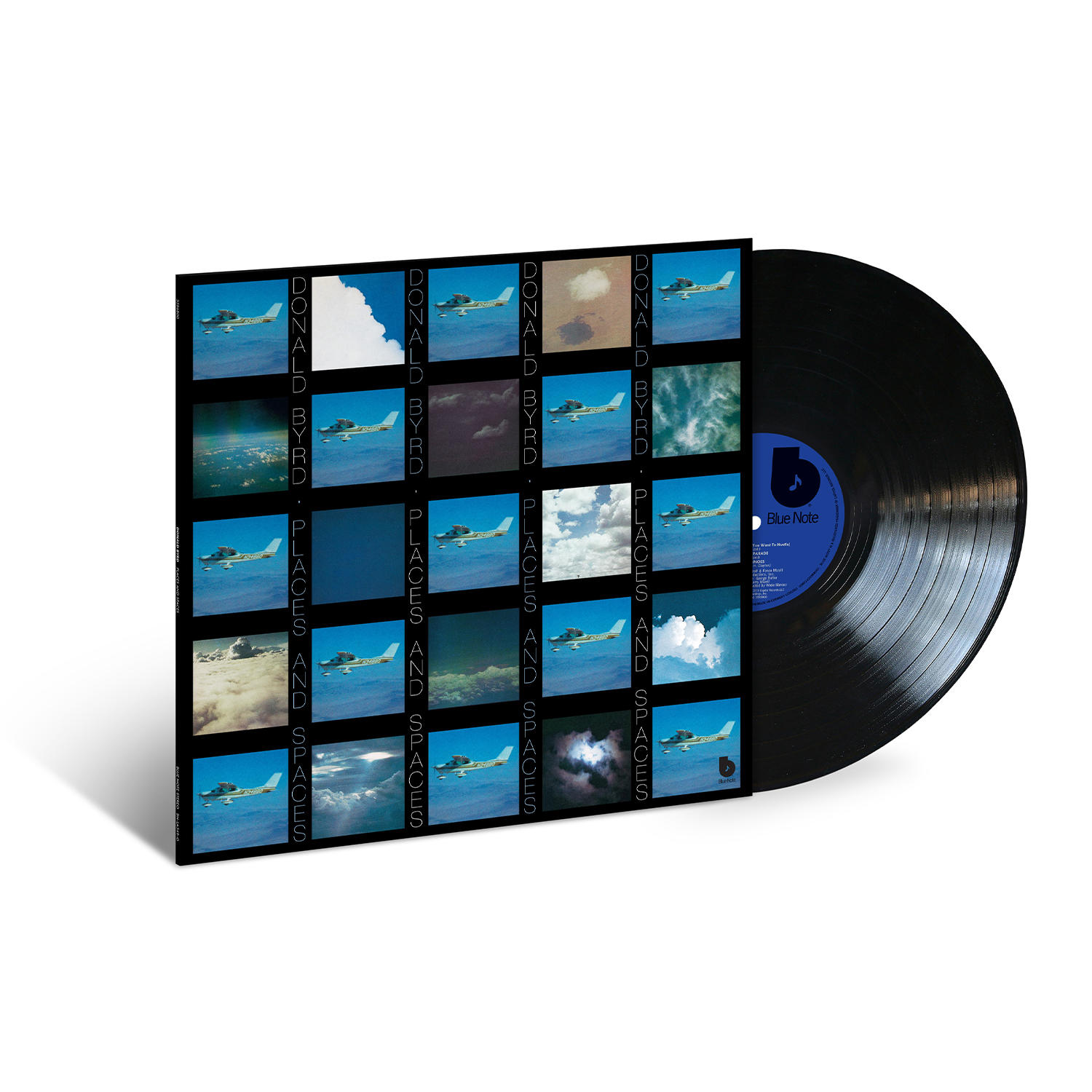 Vinyl Schallplattenalbumcover mit schwarzer Schallplatte daneben, weißer Hintergrund.