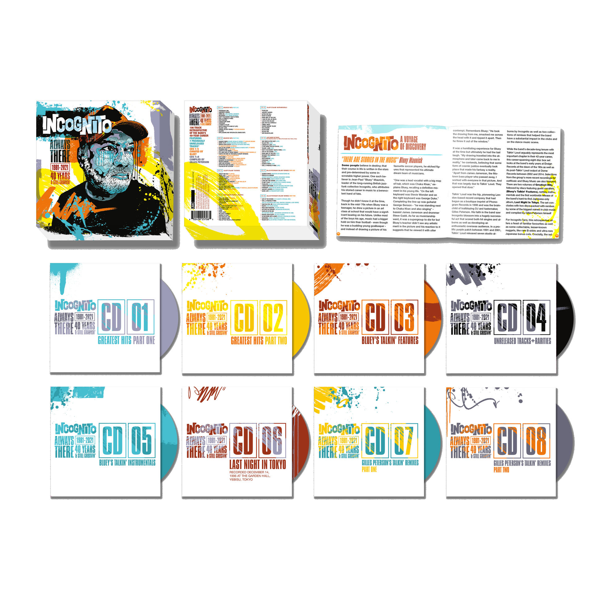 Incognito-Album-Set. Mehrere CD-Covers, eine Box mit dem Gesicht eines Mannes. Buntes Design.