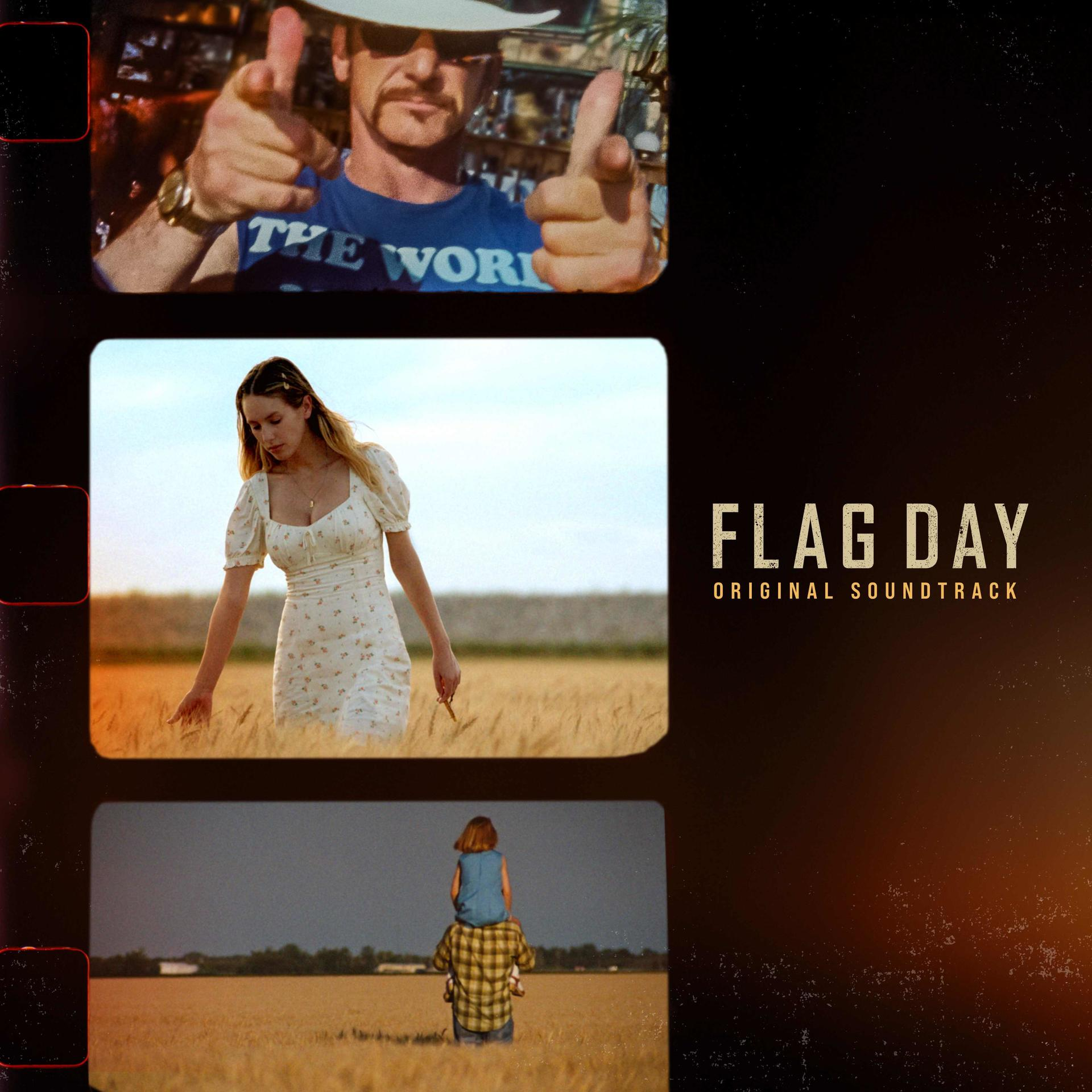 Filmposter mit Bildern eines Mannes, einer Frau und eines Kindes. Der Titel 'Flag Day' ist sichtbar.