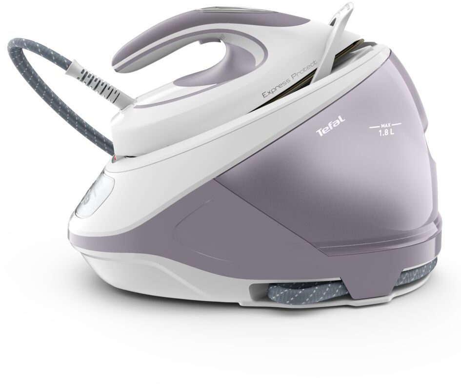 A white and purple iron with a long grey cord. The iron is on a white surface.