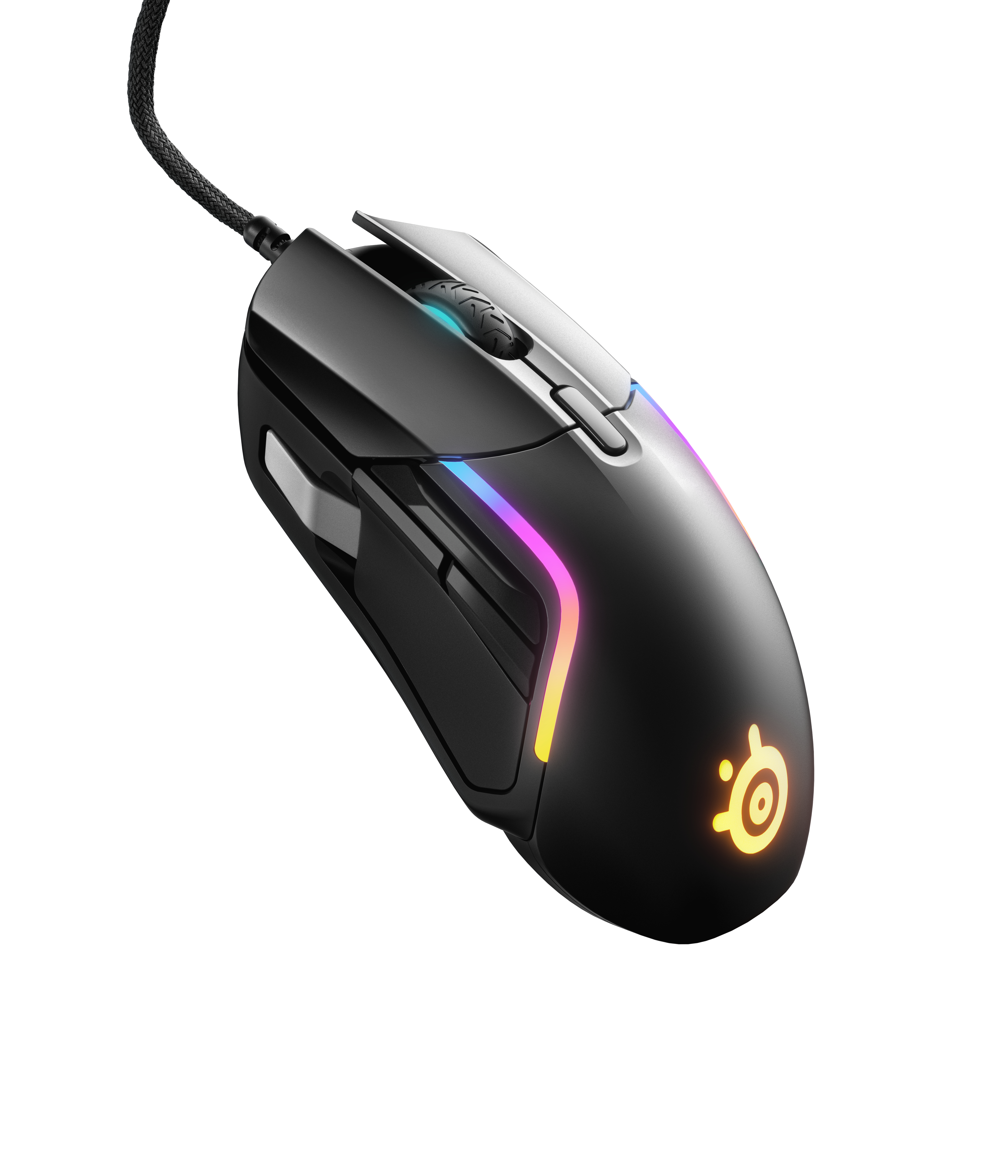 Schwarze Gaming-Maus mit beleuchteten Akzenten und Kabel. Das SteelSeries-Logo ist sichtbar.