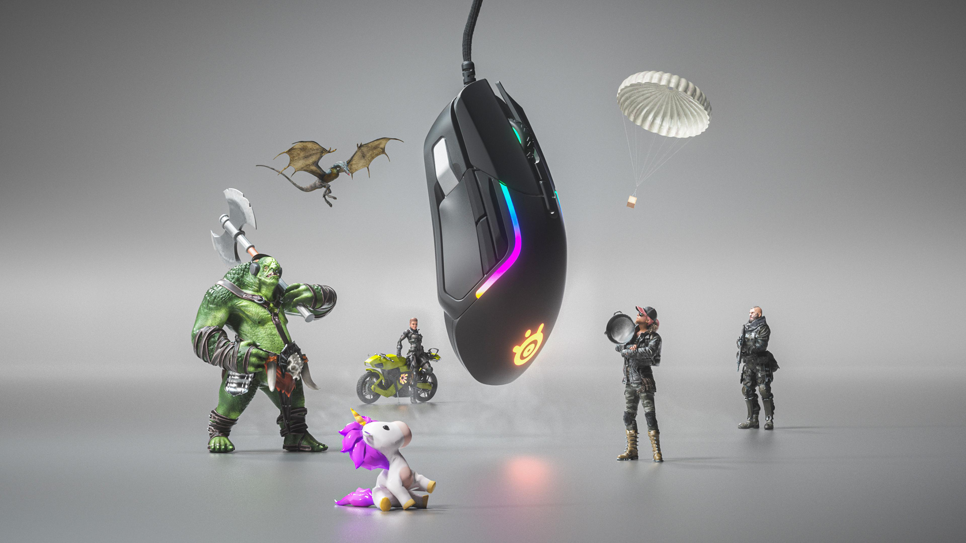 Gaming-Maus mit Fantasy-Charakteren wie Drache, Ork, Einhorn und Soldaten auf grauem Hintergrund.