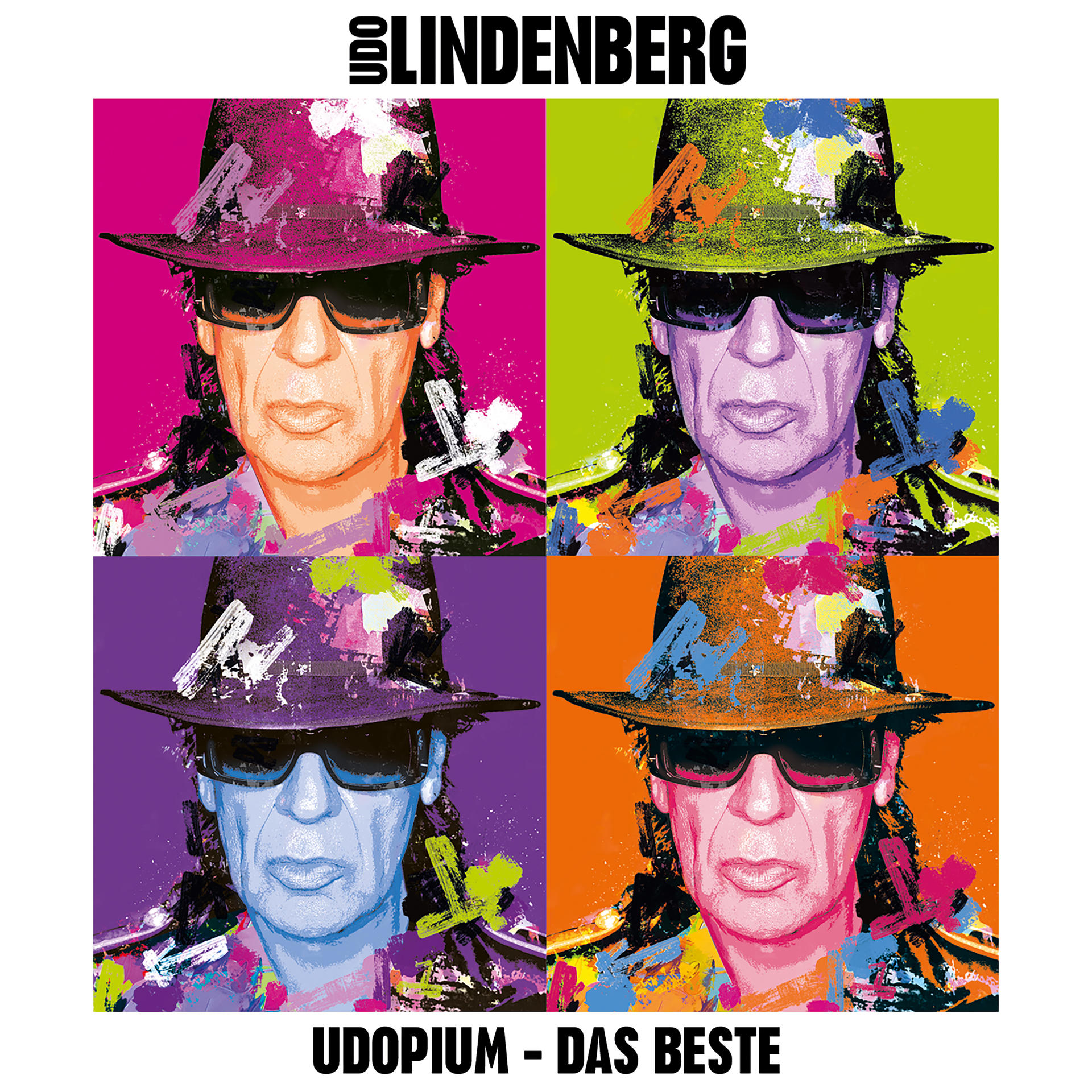 Albumcover: Vier Bilder eines Mannes mit Sonnenbrille und Hut. Titel: UDOPİUM - DAS BESTE. Farbig.
