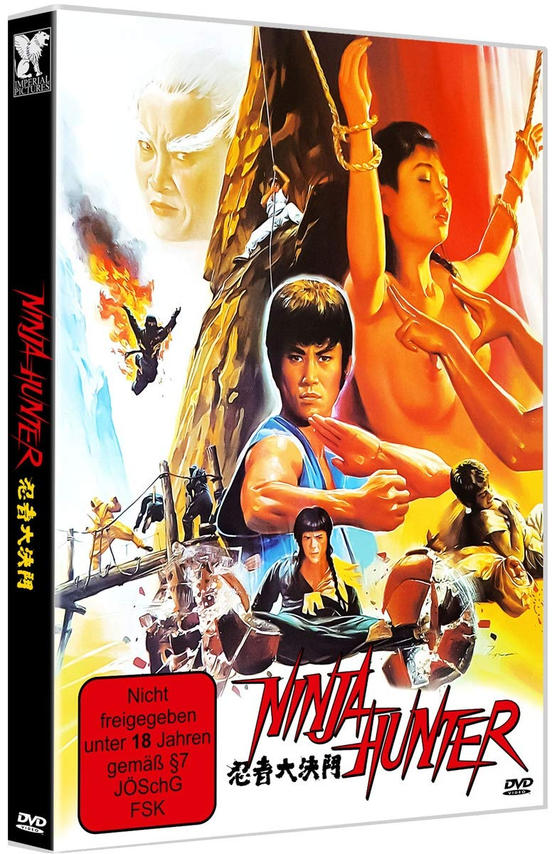 Ein DVD-Cover für 'Ninja Hunter'. Es zeigt eine Filmszene. Das Cover hat japanischen Text und eine Bewertung.