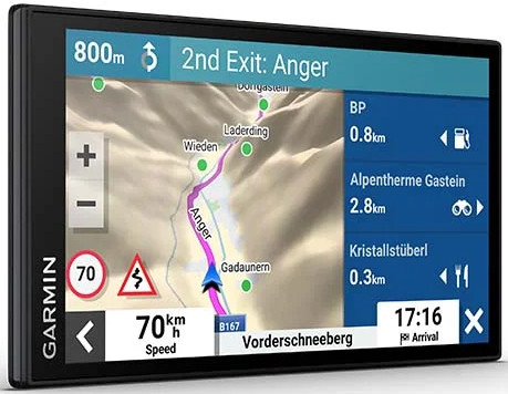 GPS device showing a map with route details, speed, and time.
