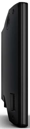 A black, curved device. It has rounded edges and a flat surface. Details include a speaker and a small port.