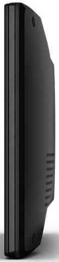 Black device, side view, with vertical lines.