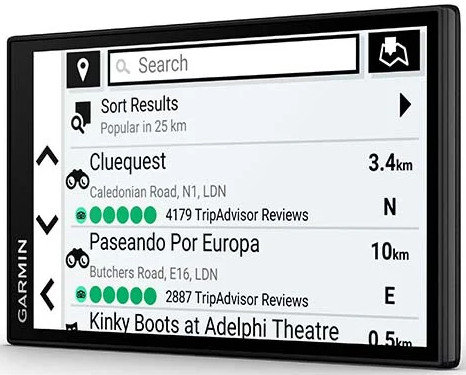 GPS device displays a list of locations, with a search bar and map icon.