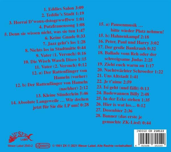 CD-Cover mit Titelliste. Text auf Deutsch. Der Hintergrund ist hellblau.