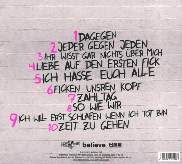 Rückseite eines Albumcovers mit rosafarbenen Titeln und anderem Text auf einer grauen Backsteinmauer.