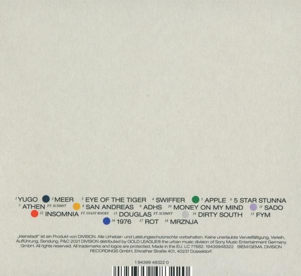 CD-Rückseite, Titelliste mit bunten Punkten und weißem Hintergrund.