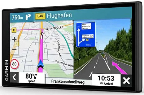 Een Garmin GPS-apparaat dat een kaart weergeeft met aanwijzingen en snelheid.