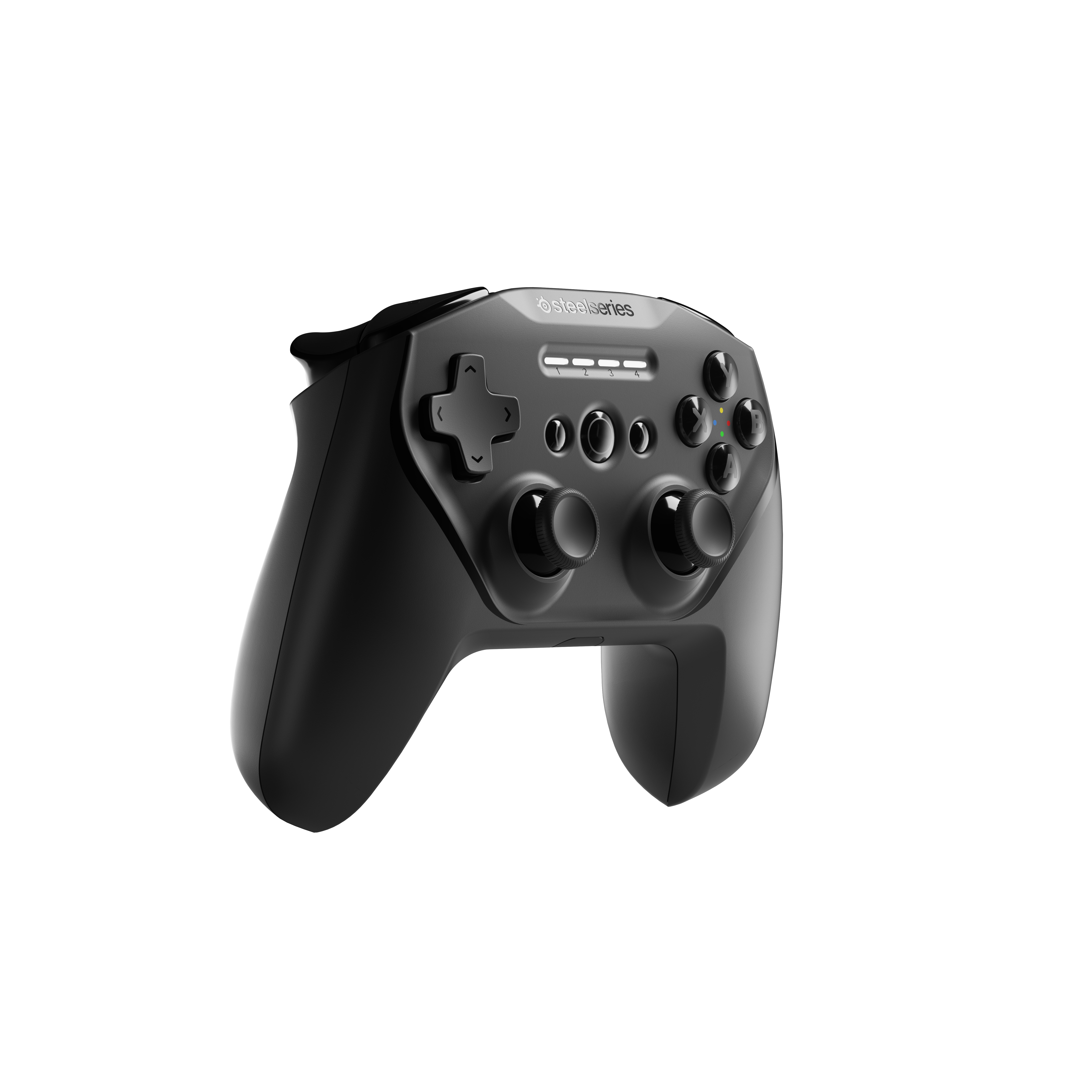 Schwarzes SteelSeries Gamepad vor weißem Hintergrund. Verschiedene Tasten sind sichtbar.