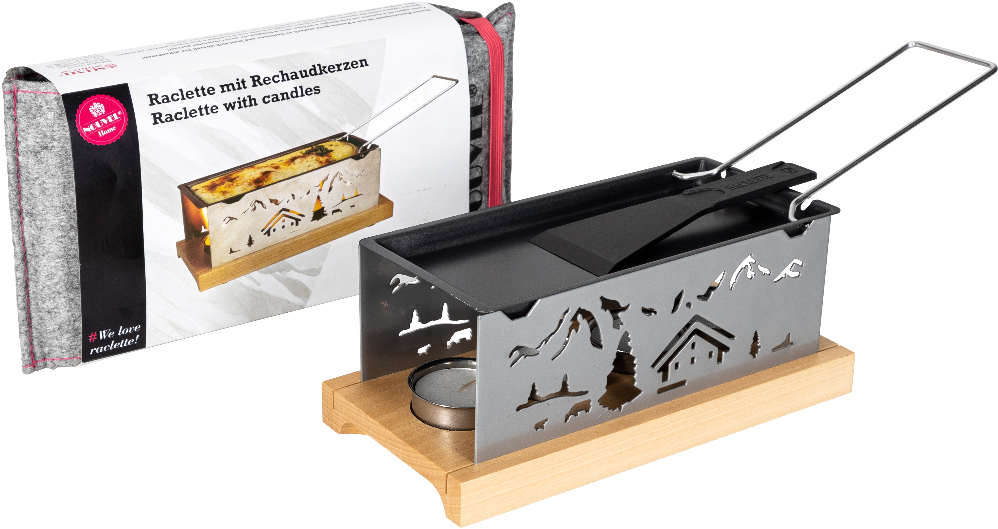 Un grill à raclette en métal avec des bougies, du fromage et une base en bois, prêt à servir.