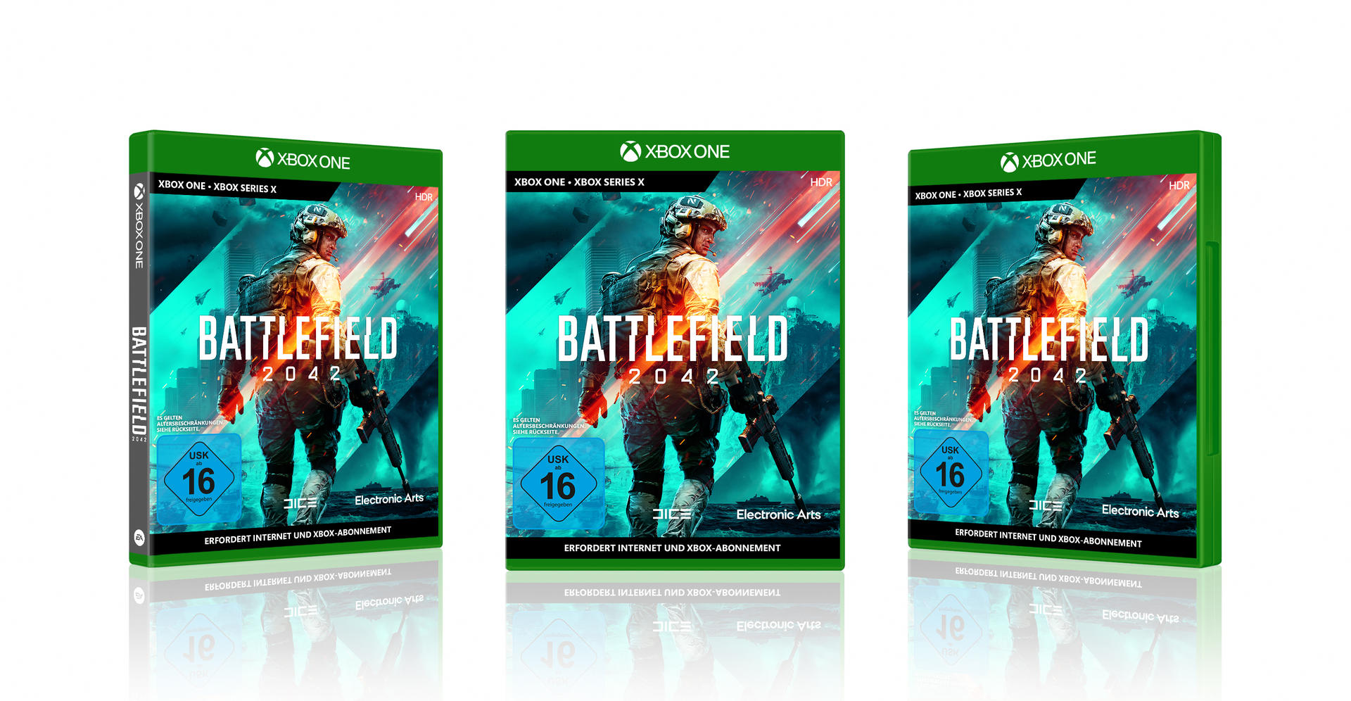 Drei Battlefield 2042-Spielboxen. Das Spiel zeigt Soldaten und einen feurigen Hintergrund.
