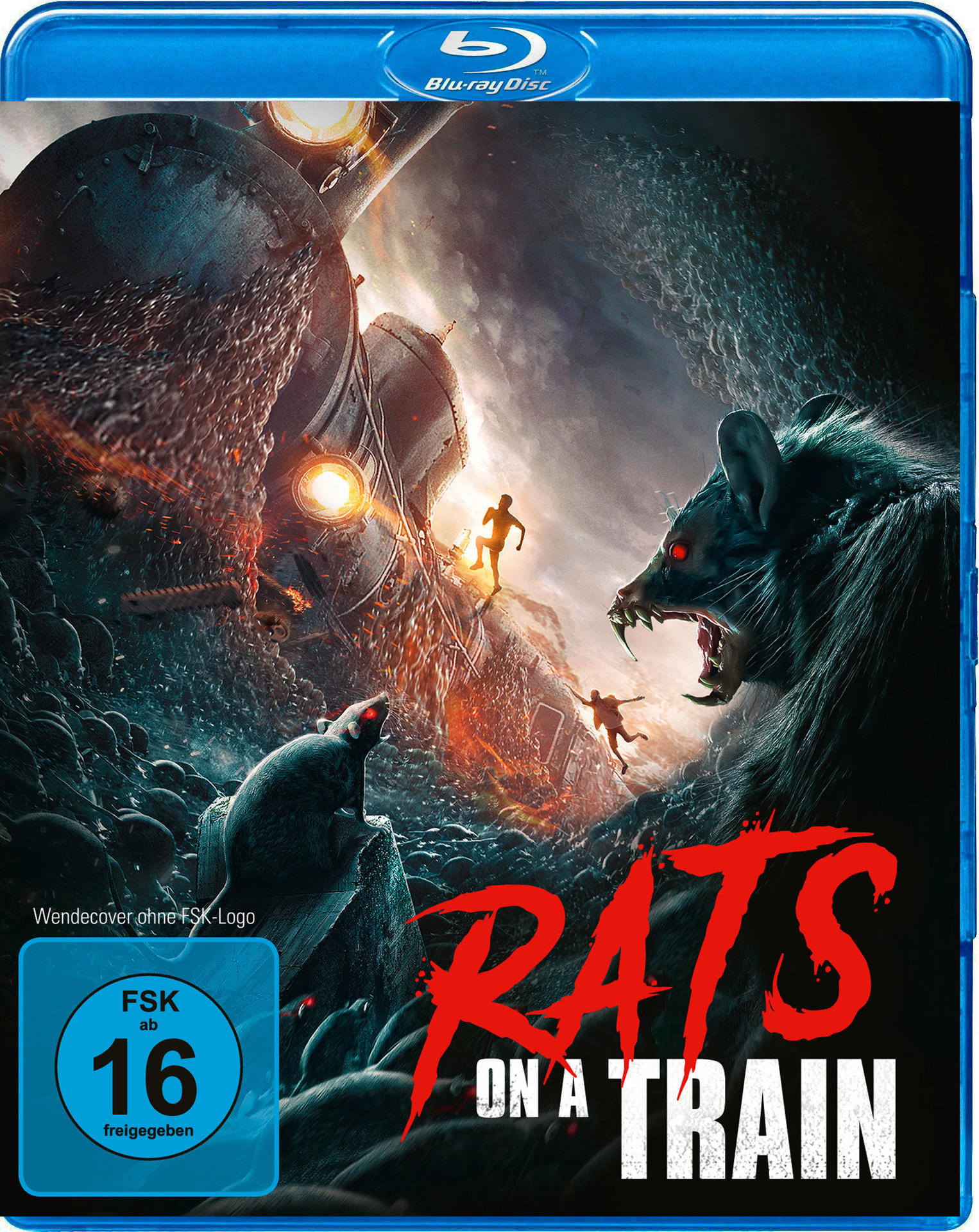 Blu-ray-Cover: Ratten greifen einen Zug an. Titel: Rats on a Train. Dunkel und actiongeladen, mit einer Monster-Ratte.