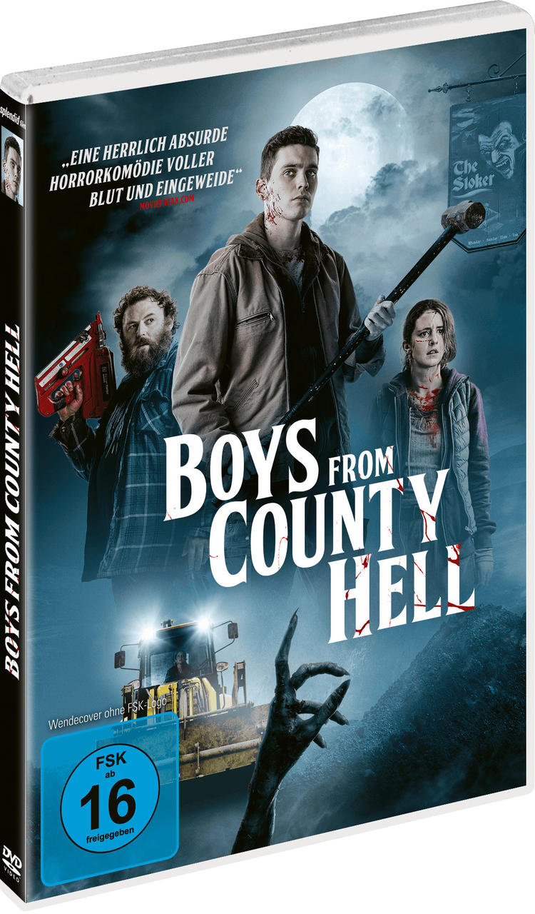 DVD-Hülle für 'Boys From County Hell'. Drei Personen und ein Bulldozer sichtbar.