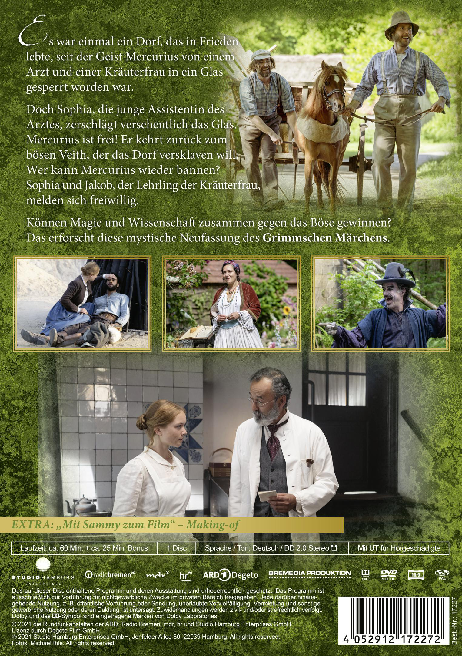 DVD-Cover mit Filmszenen, Schauspielern, Pferdewagen und deutschem Text zur Handlung des Films.