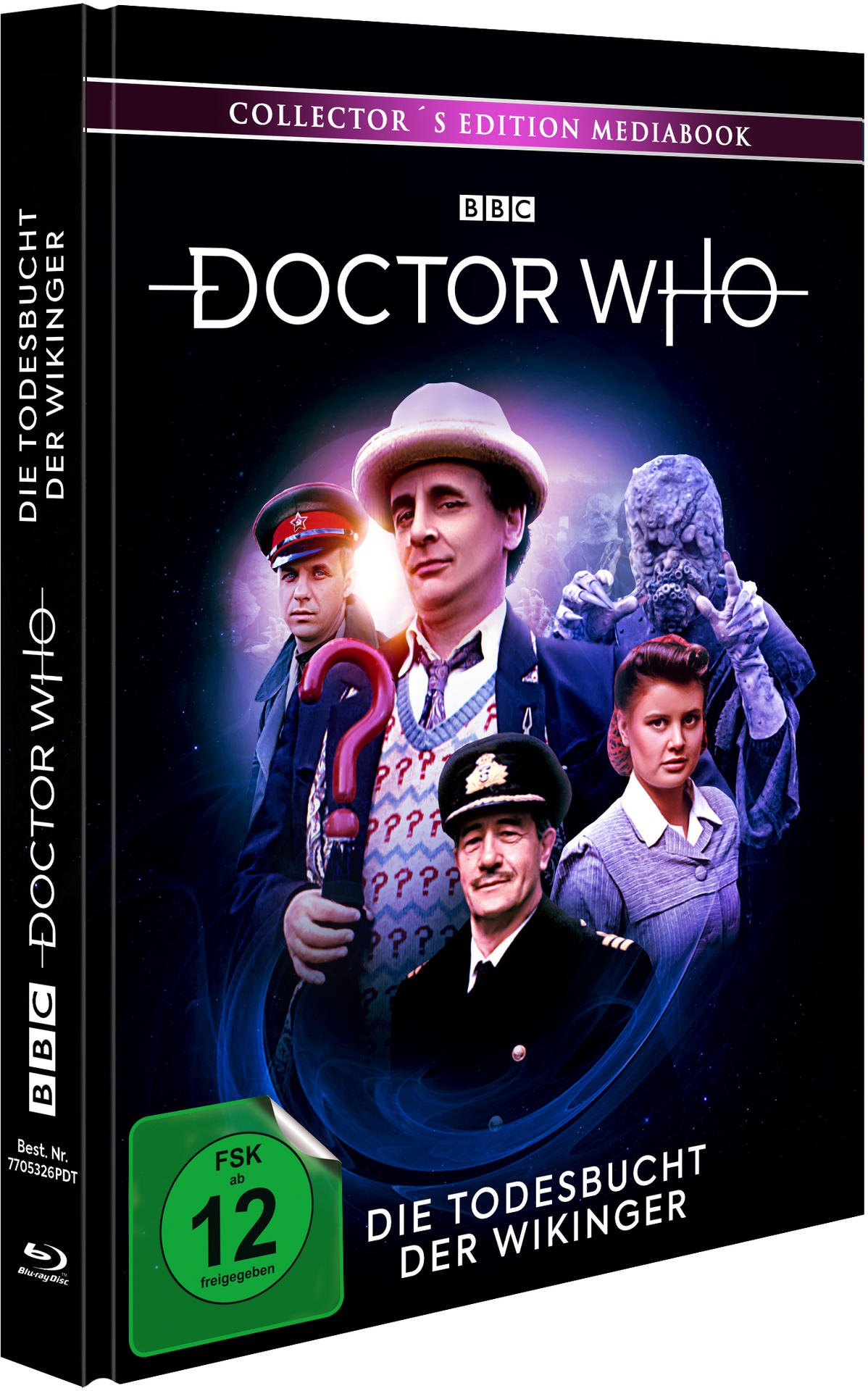 Eine DVD-Hülle mit einem Cover mit Schauspielern, einem Fragezeichen und dem Text 'Doctor Who'. Der Hintergrund ist dunkel.